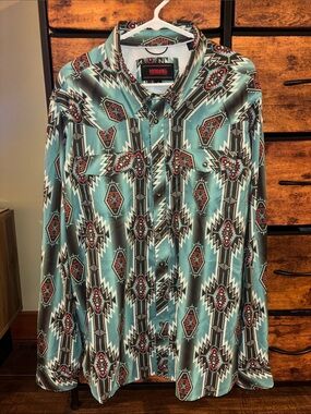 Rock & Roll Denim Aztec Print Button Down Shirt